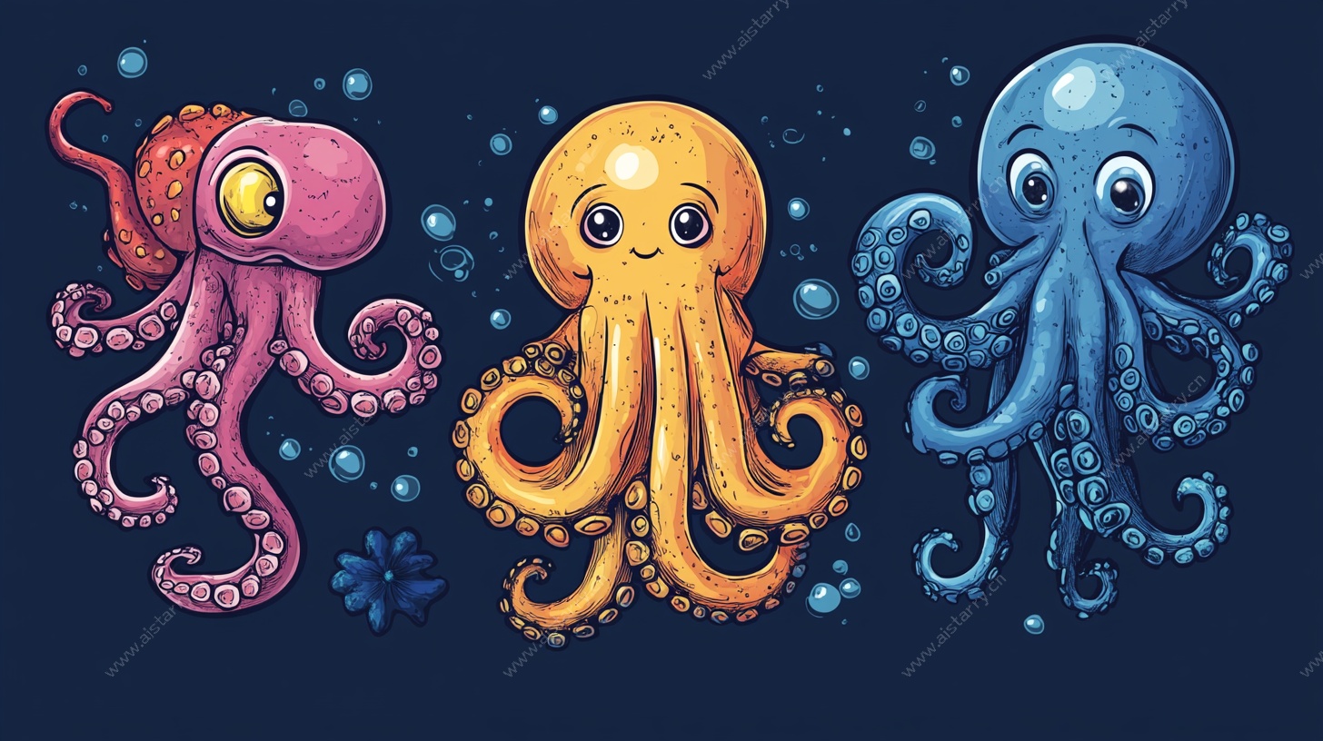 可爱三色章鱼插画