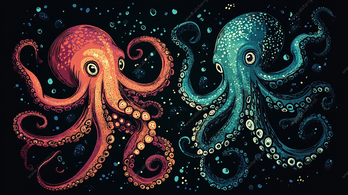 可爱双章鱼海底插画