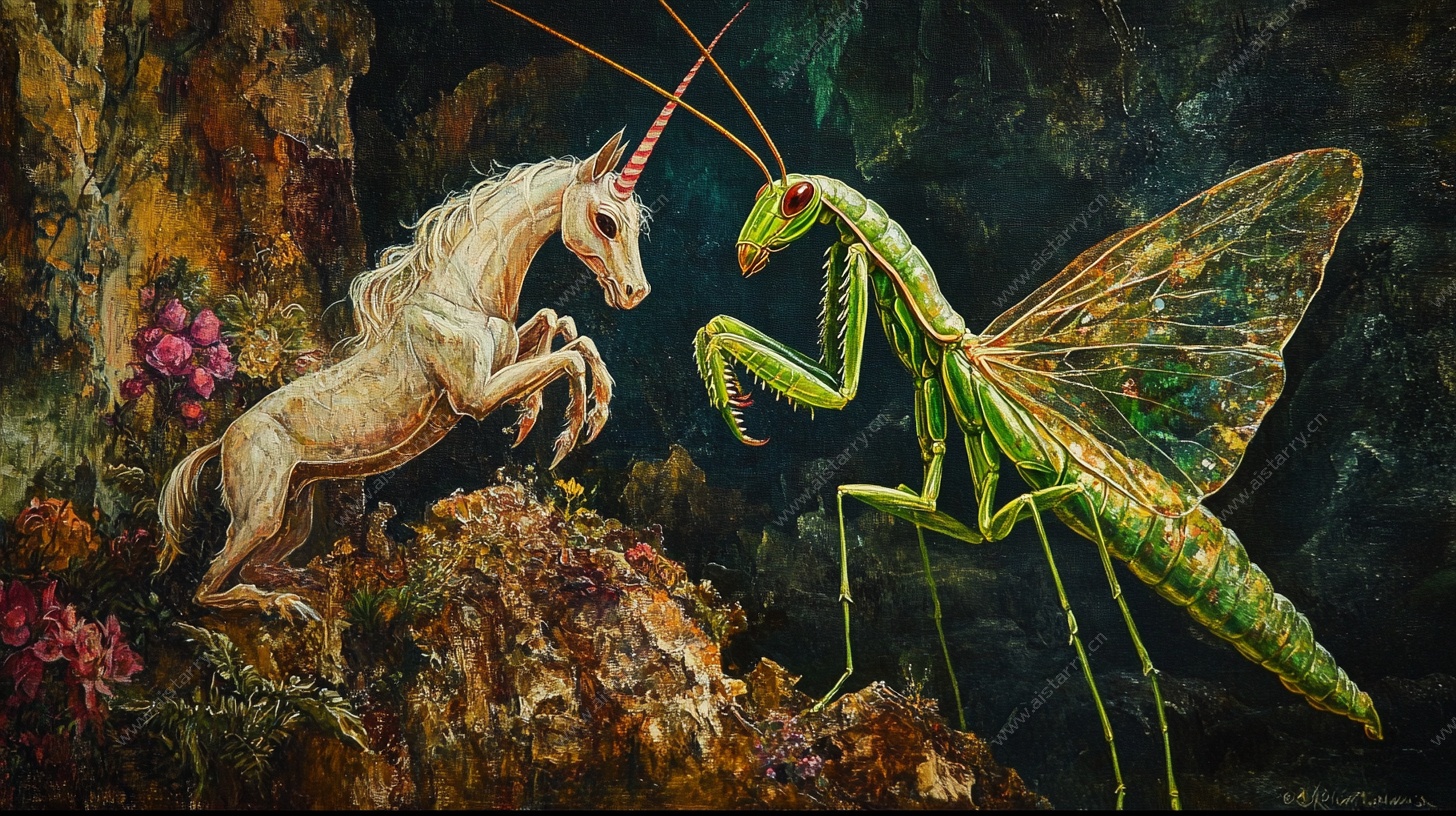 独角兽对峙螳螂奇幻画