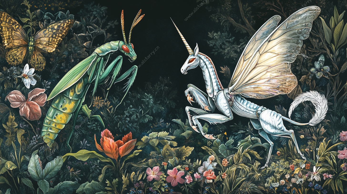 奇幻昆虫与独角兽插画