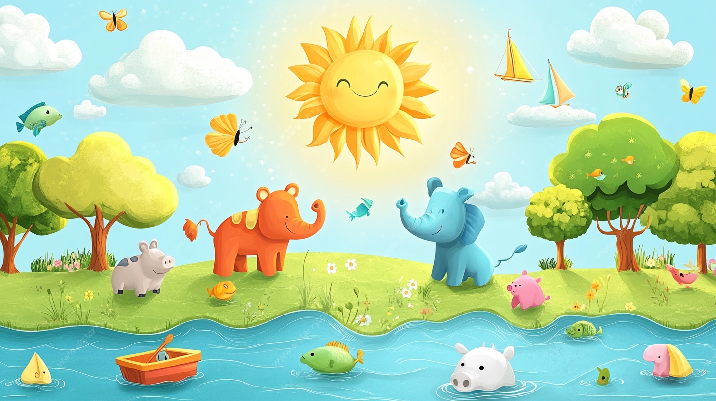 欢乐动物的河畔夏日图景