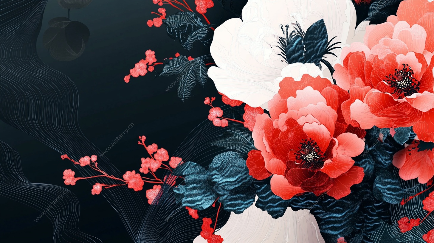 中式花卉插画 绚丽花朵