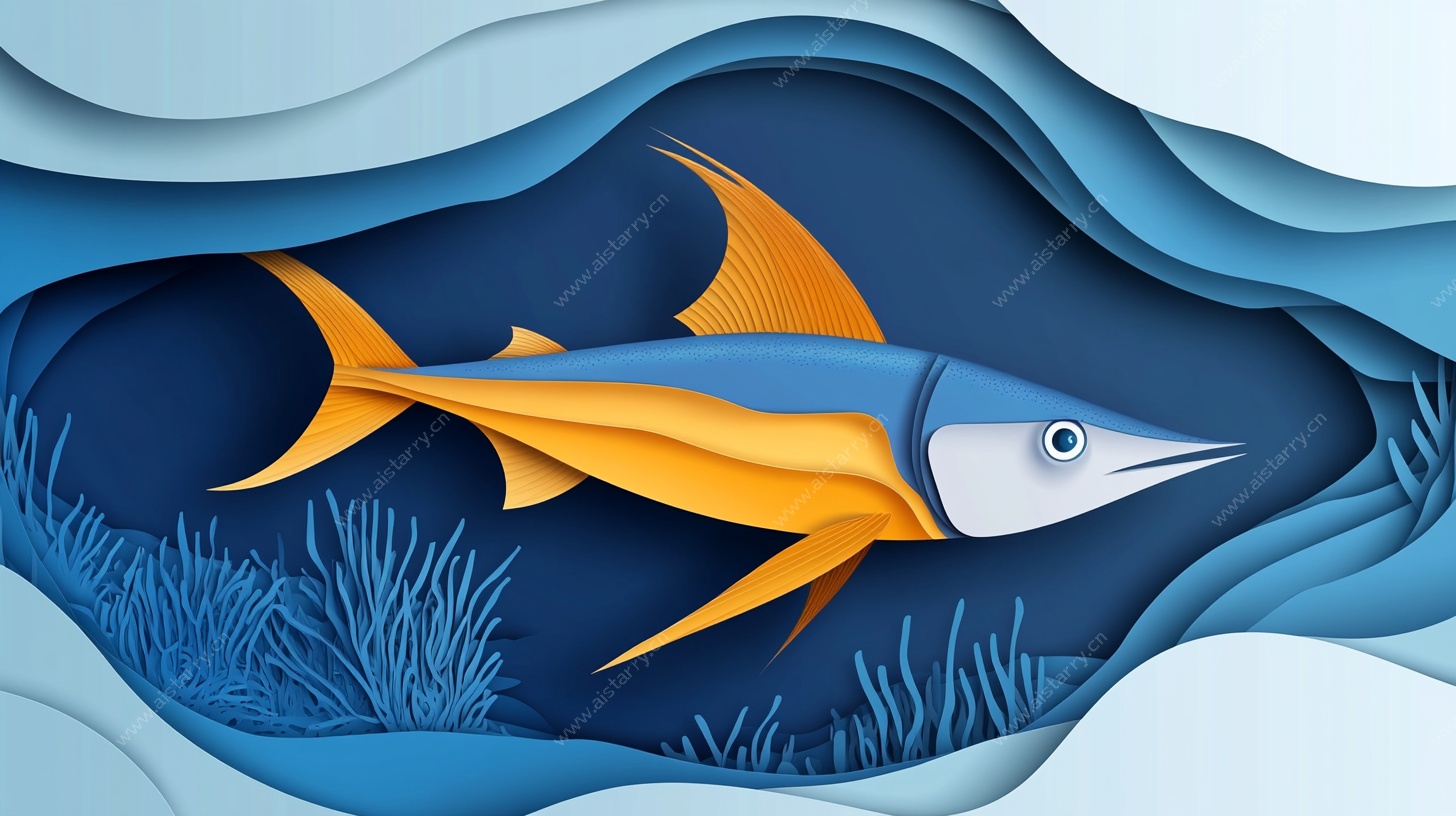 纸艺风格海洋中的剑鱼