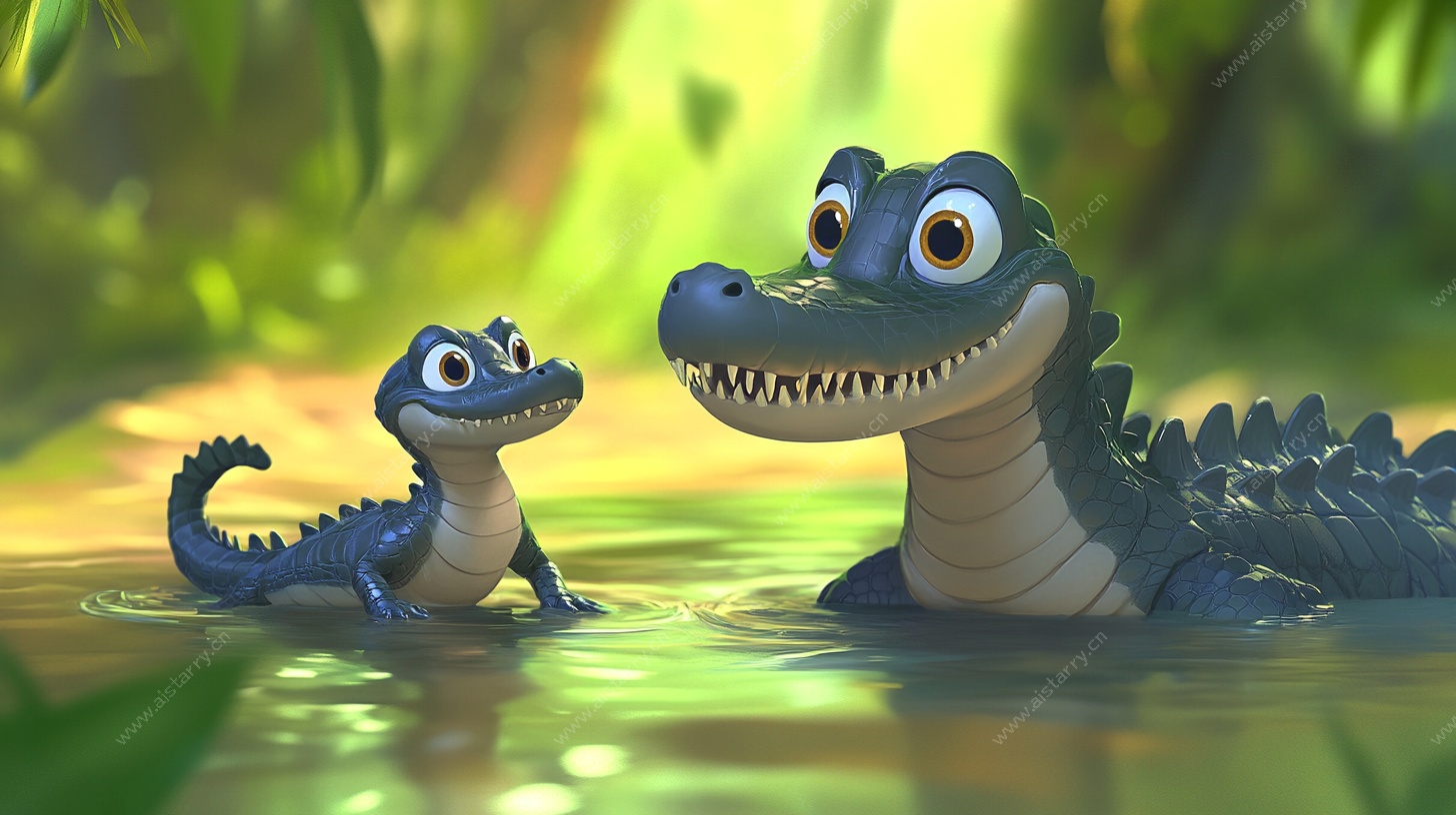 鳄鱼母子的温馨水中场景