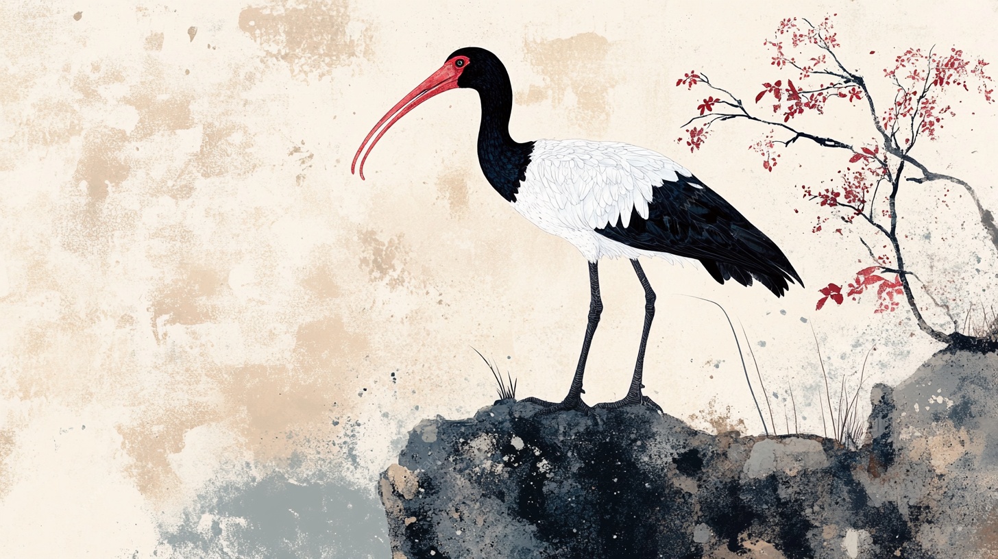 水墨朱鹮图