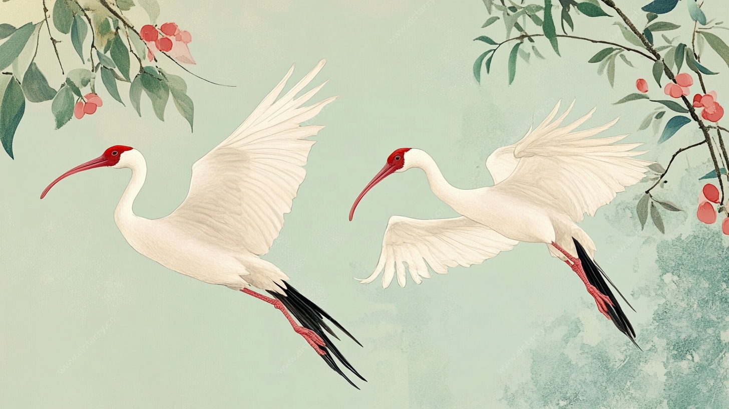 双鹤飞舞花鸟图