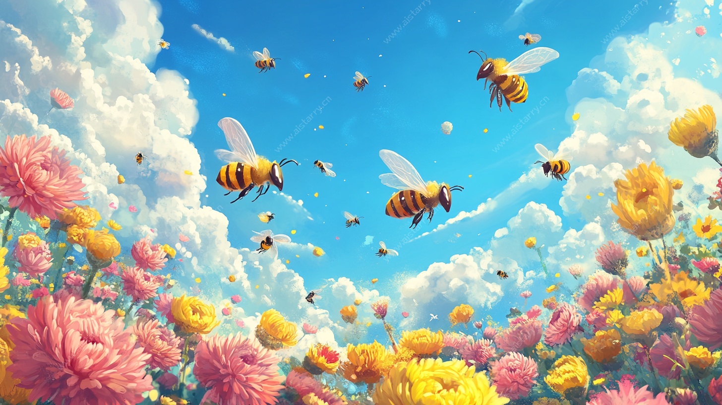 蜜蜂飞舞于绚烂花海中