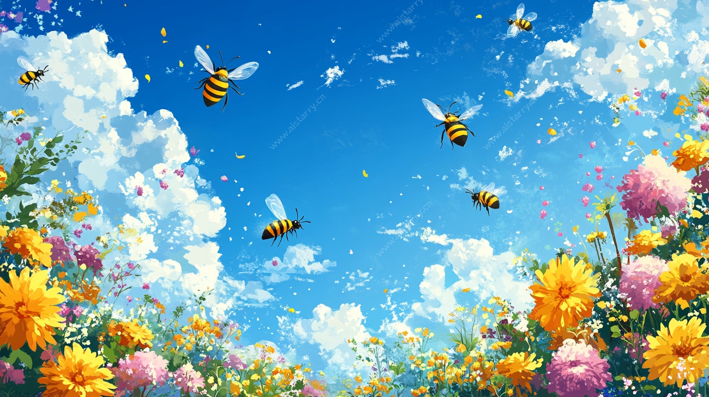春日繁花间蜜蜂飞舞