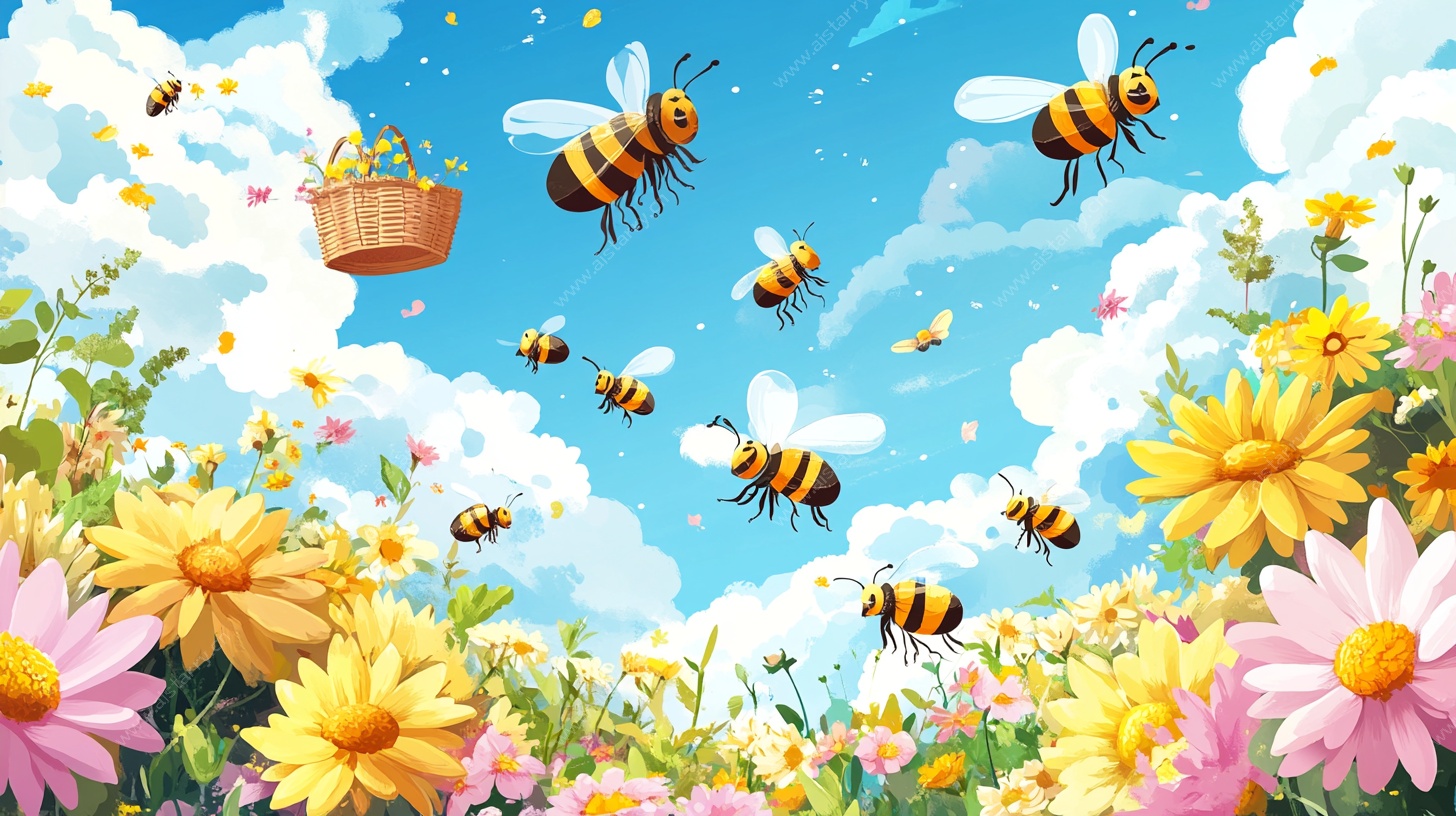 蜜蜂飞舞在烂漫花丛中