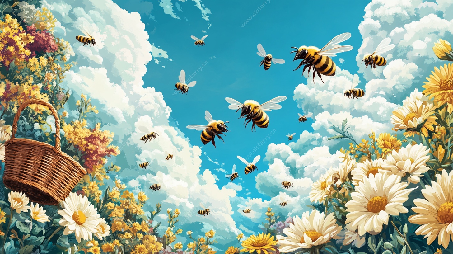 蜜蜂在花海蓝天中飞舞