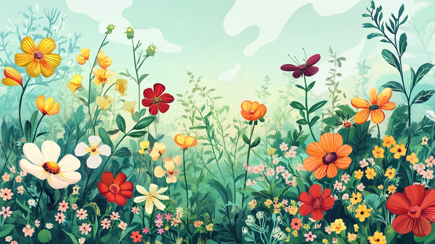 春日烂漫花丛插画