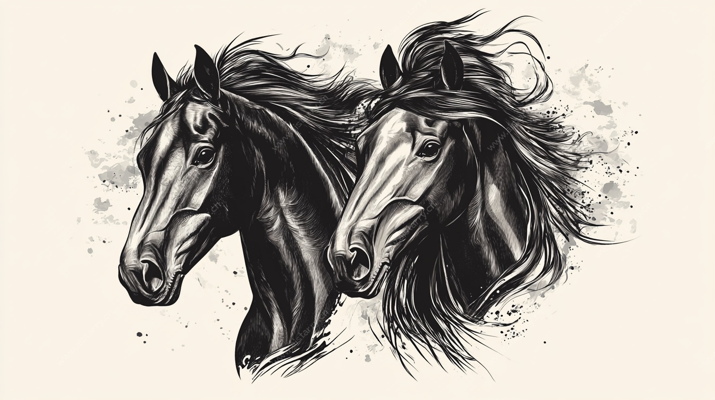 双马肖像黑白插画风格