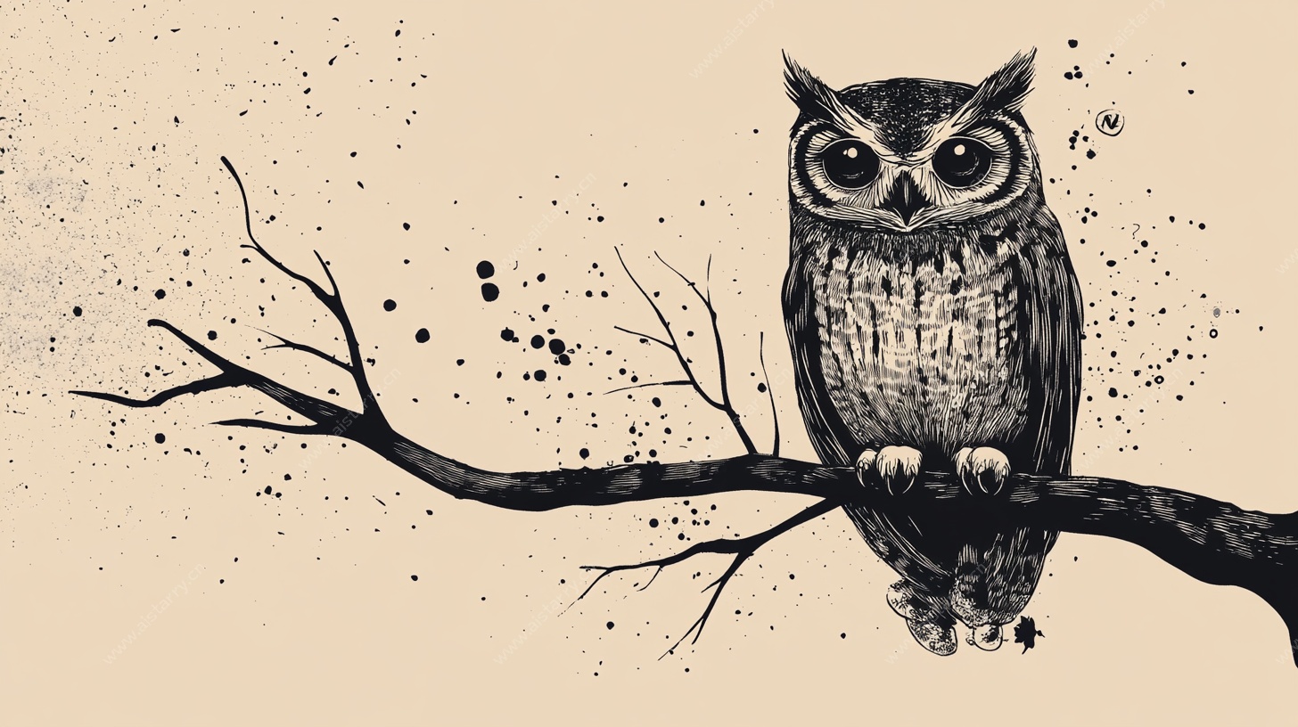 树枝上的水墨风猫头鹰