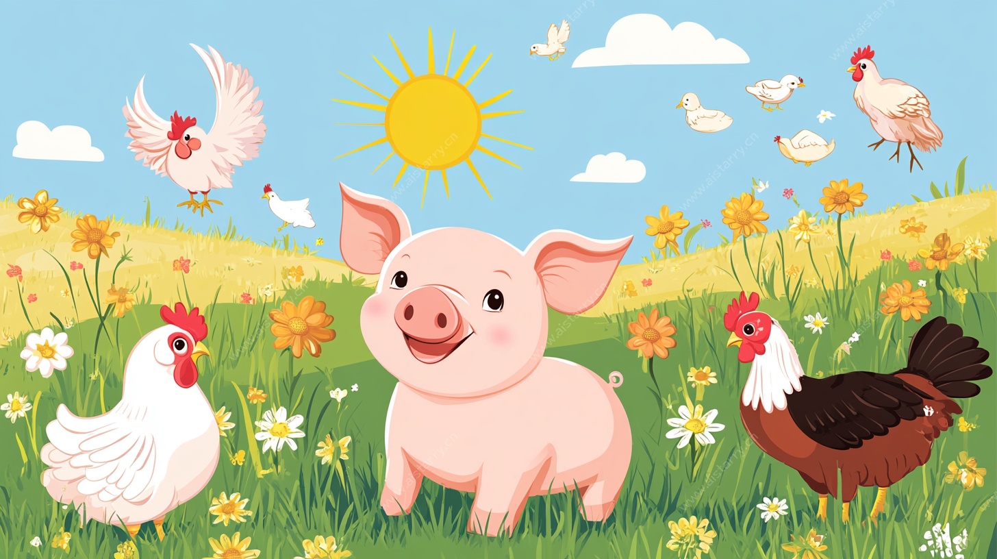 田野中的小猪与鸡群