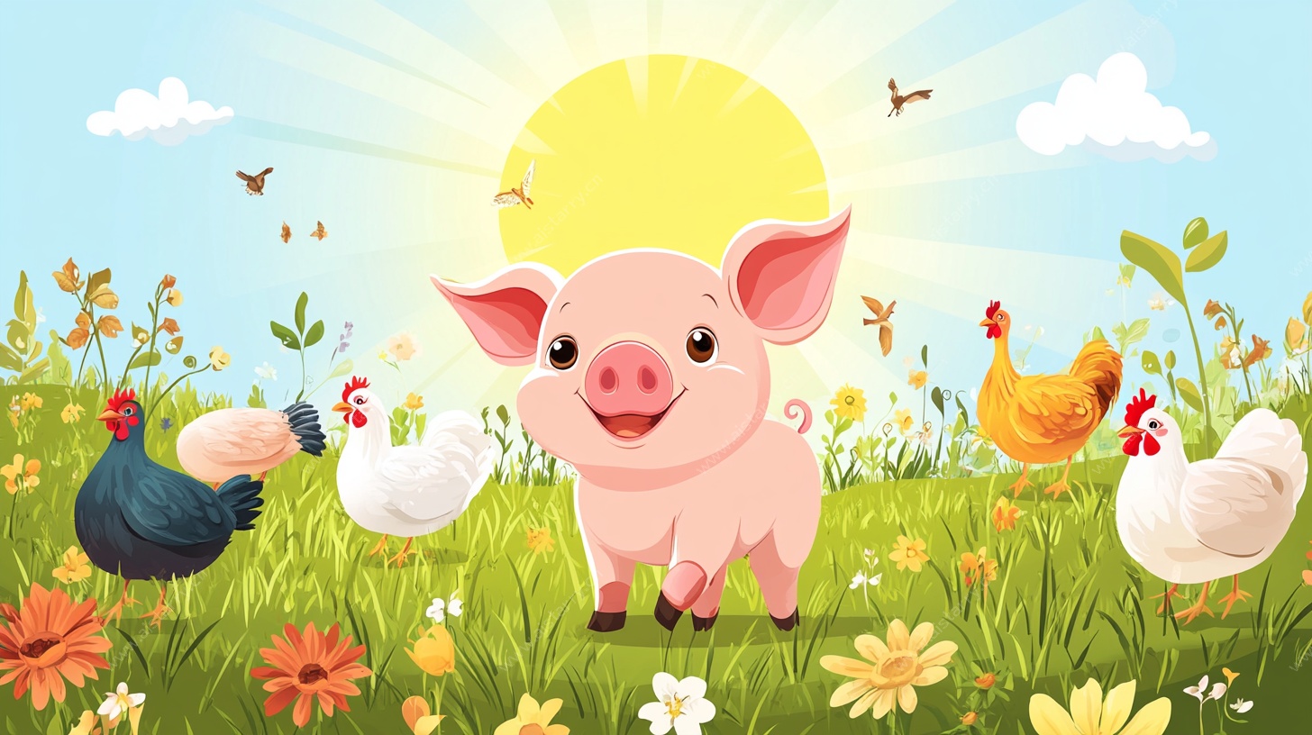 田野中的快乐小猪与鸡群