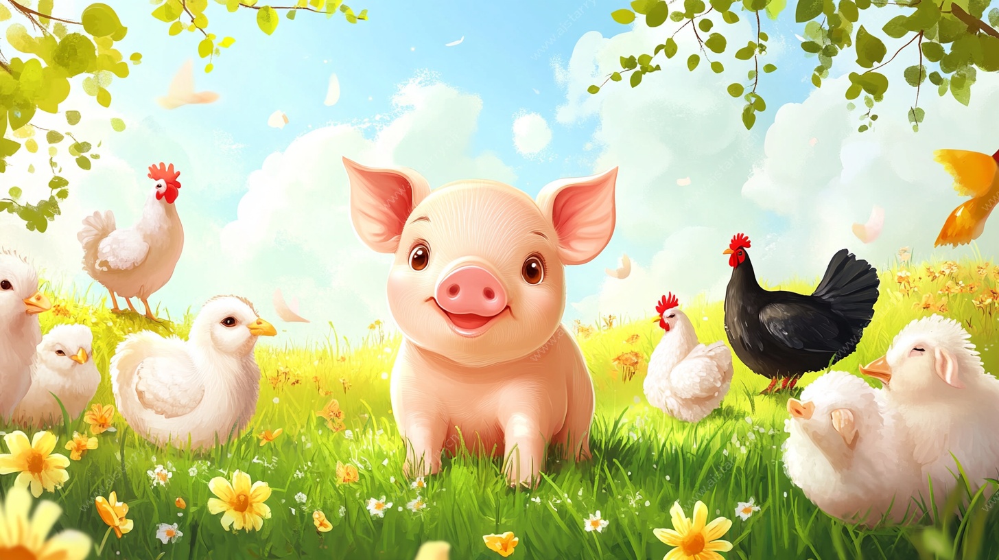 田园小猪与鸡的温馨场景