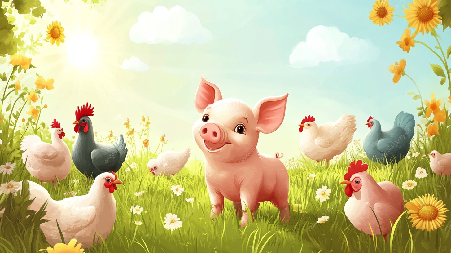 田园小猪与鸡的欢乐场景