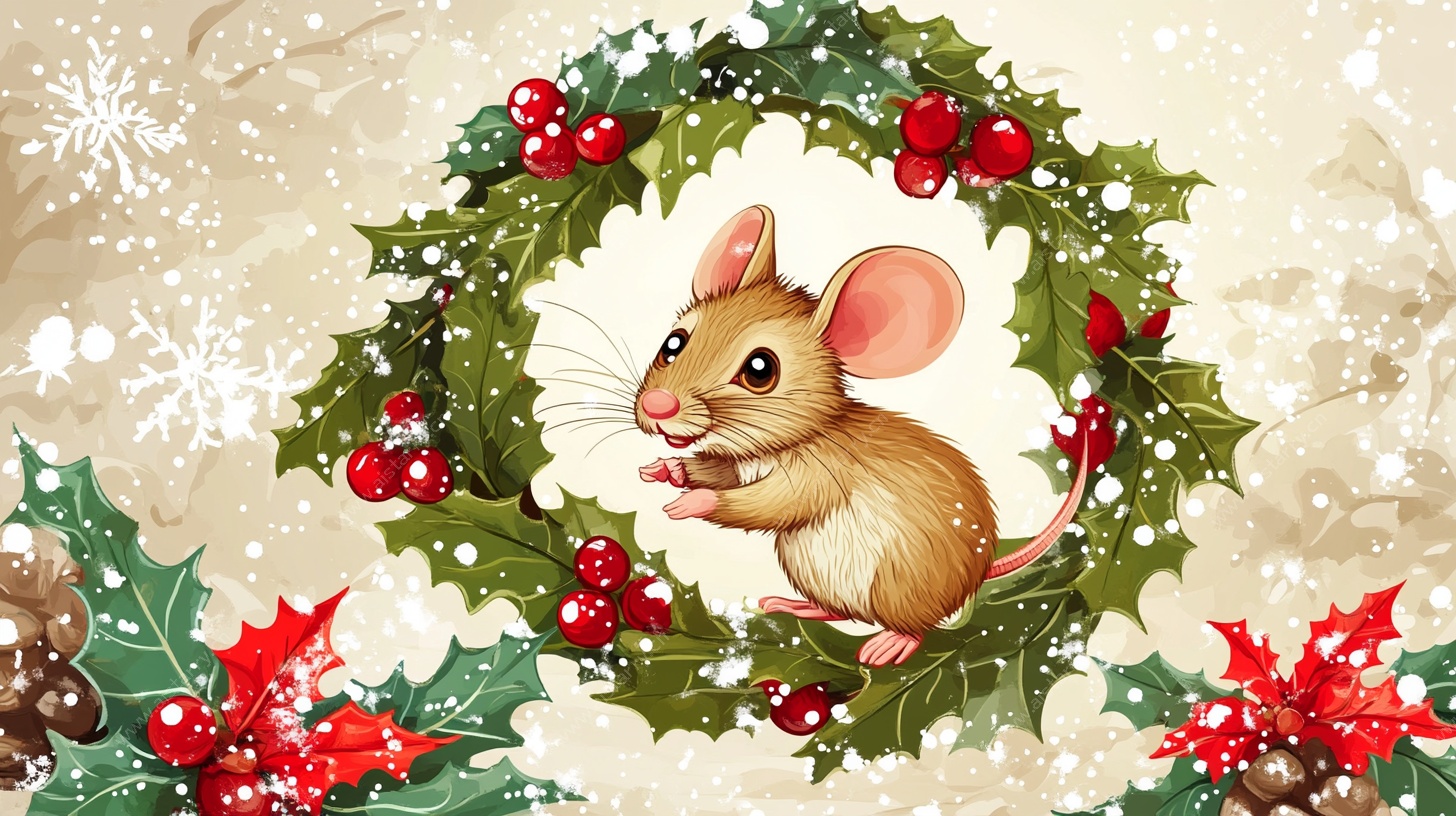 圣诞花环中的可爱小老鼠