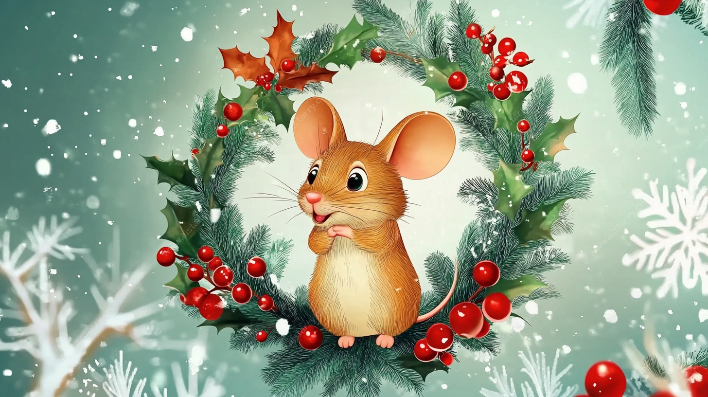圣诞花环中的可爱小老鼠