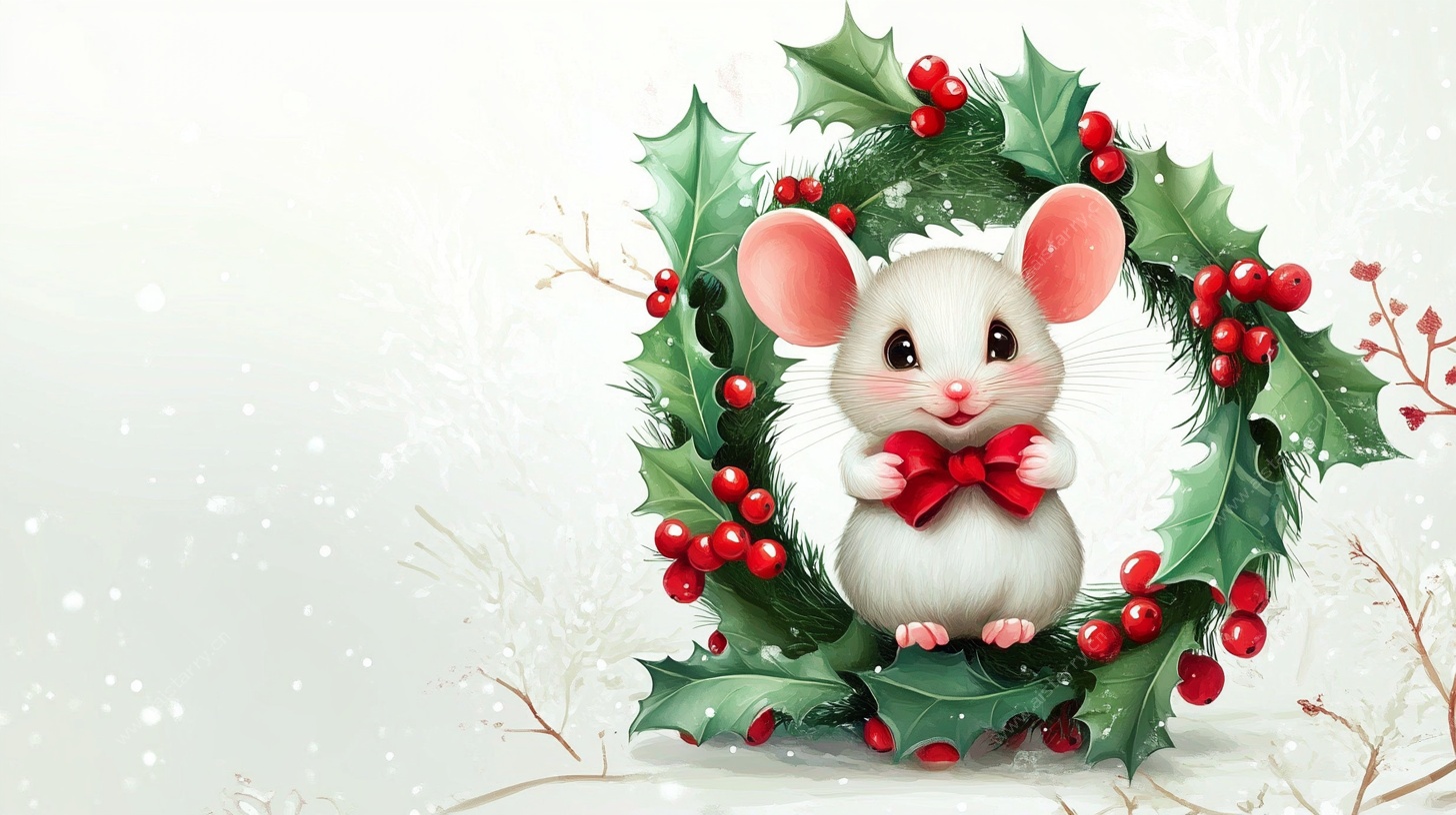 圣诞花环中的可爱小白鼠