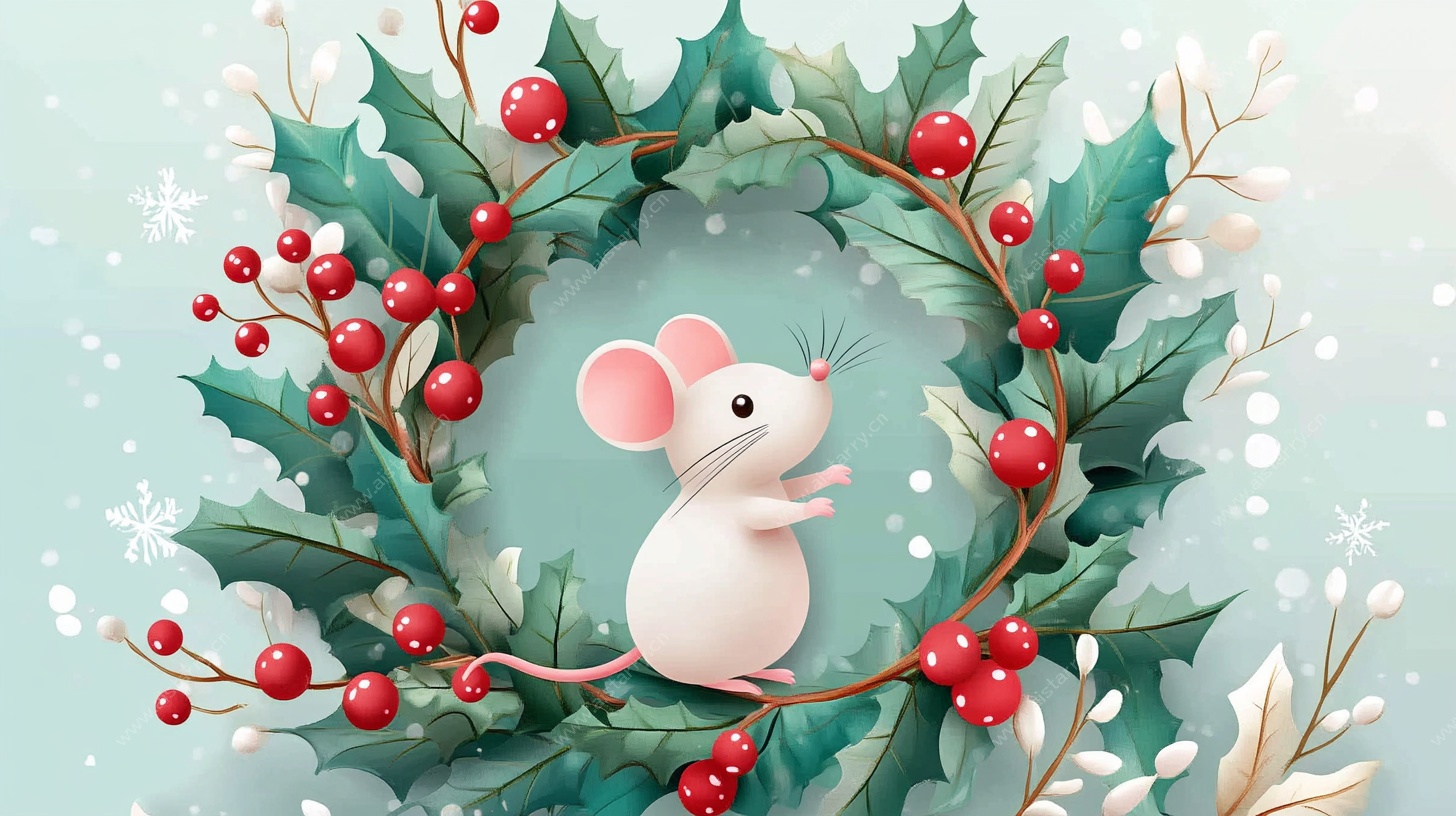 圣诞花环中的可爱小老鼠