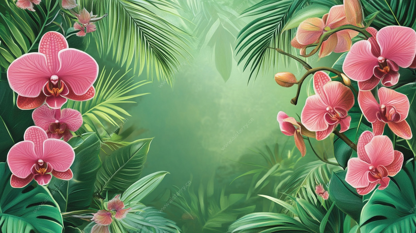 粉色蝴蝶兰与热带绿植背景