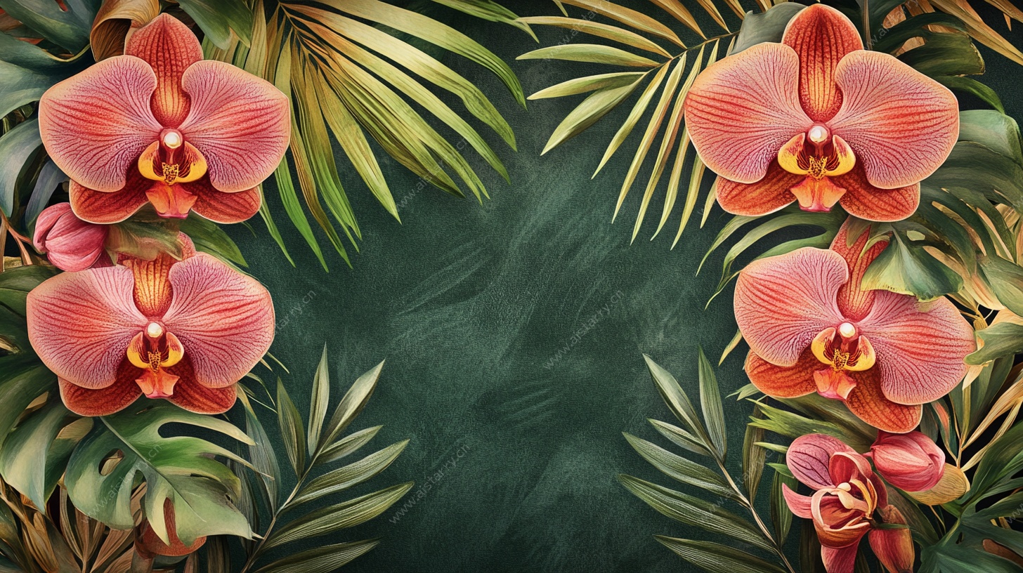 热带兰花与绿叶装饰图