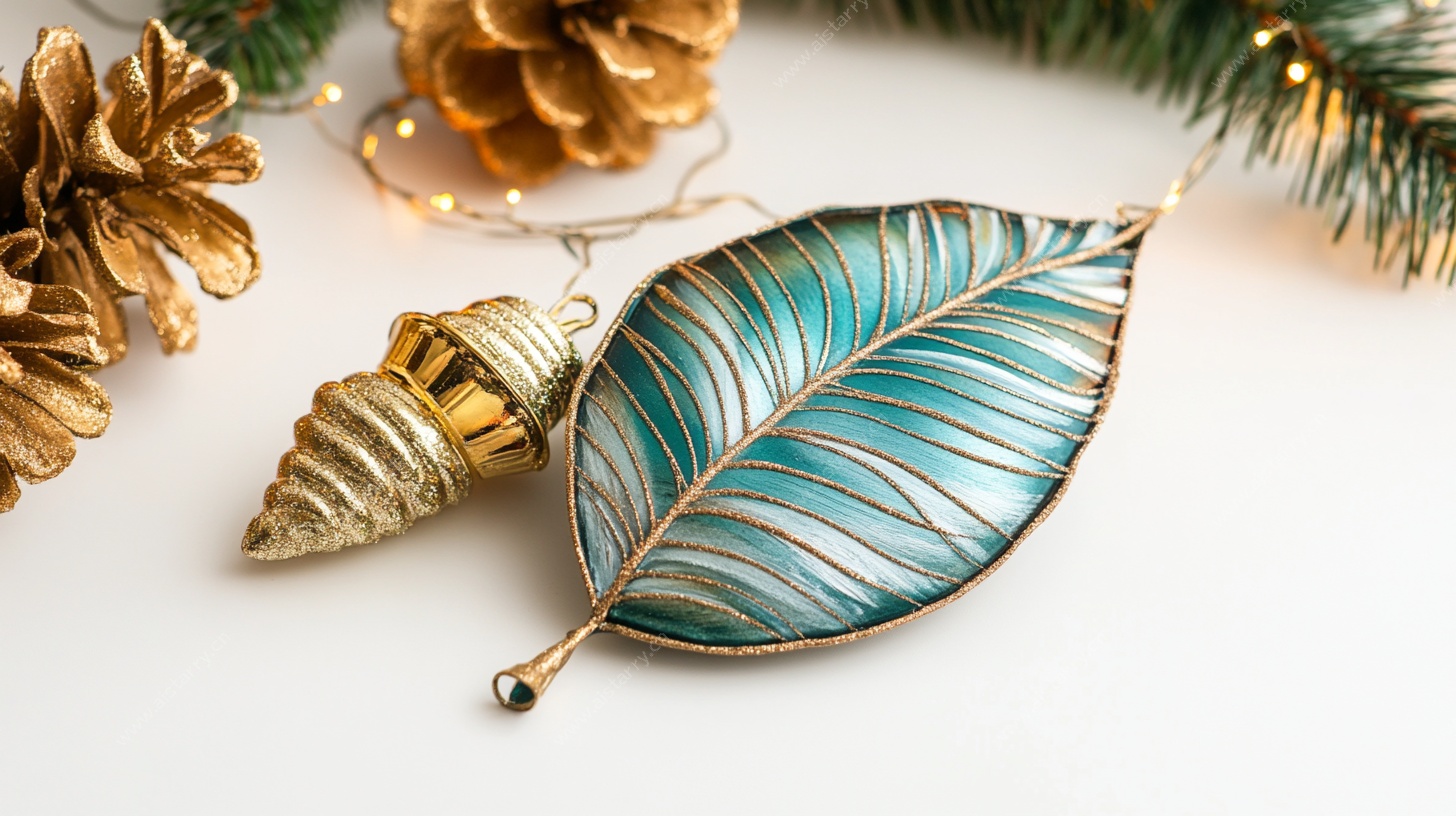 蓝绿色叶脉吊坠与圣诞装饰