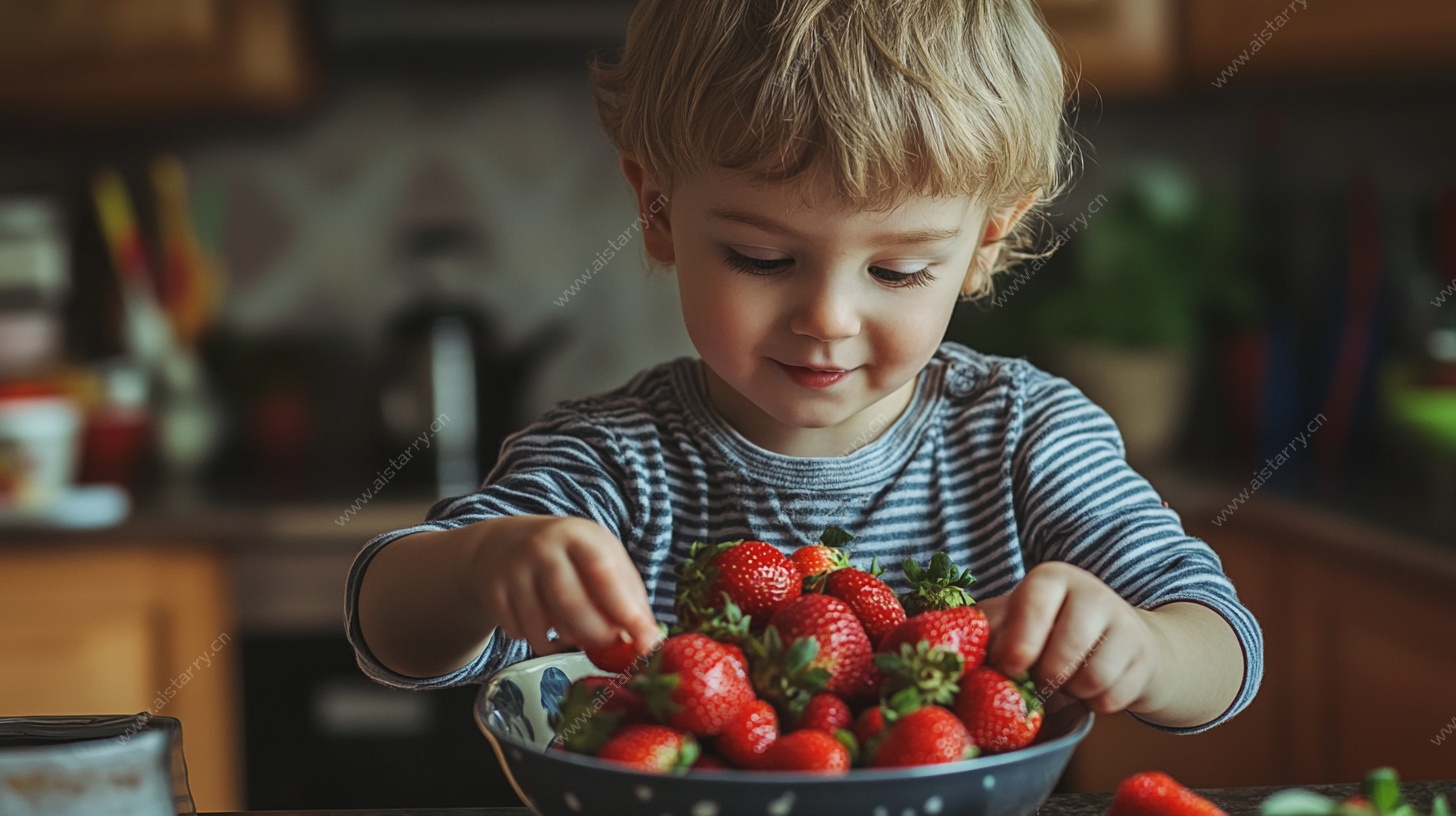 小孩专注摆弄碗中草莓
