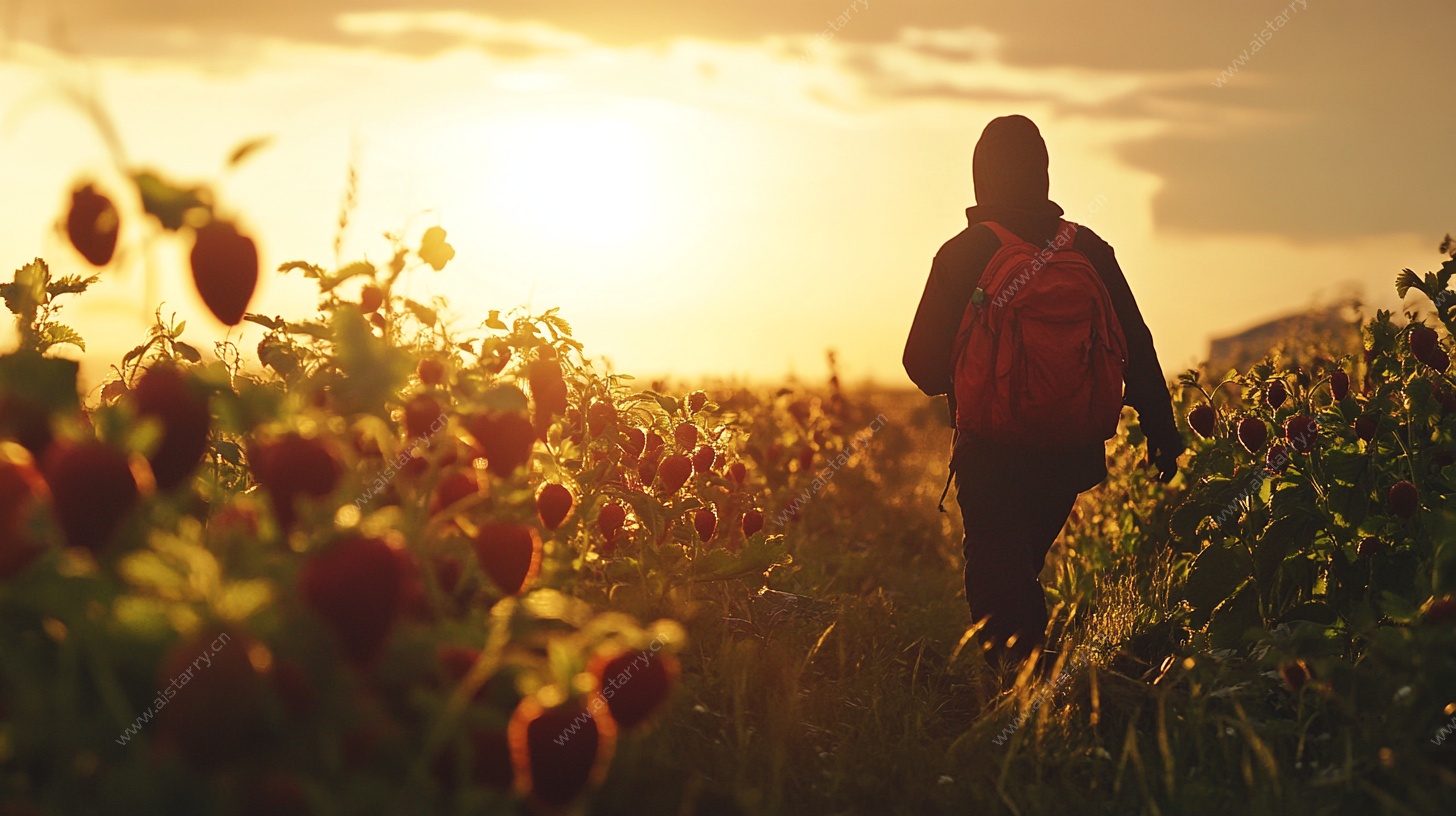 夕阳下的徒步旅行者
