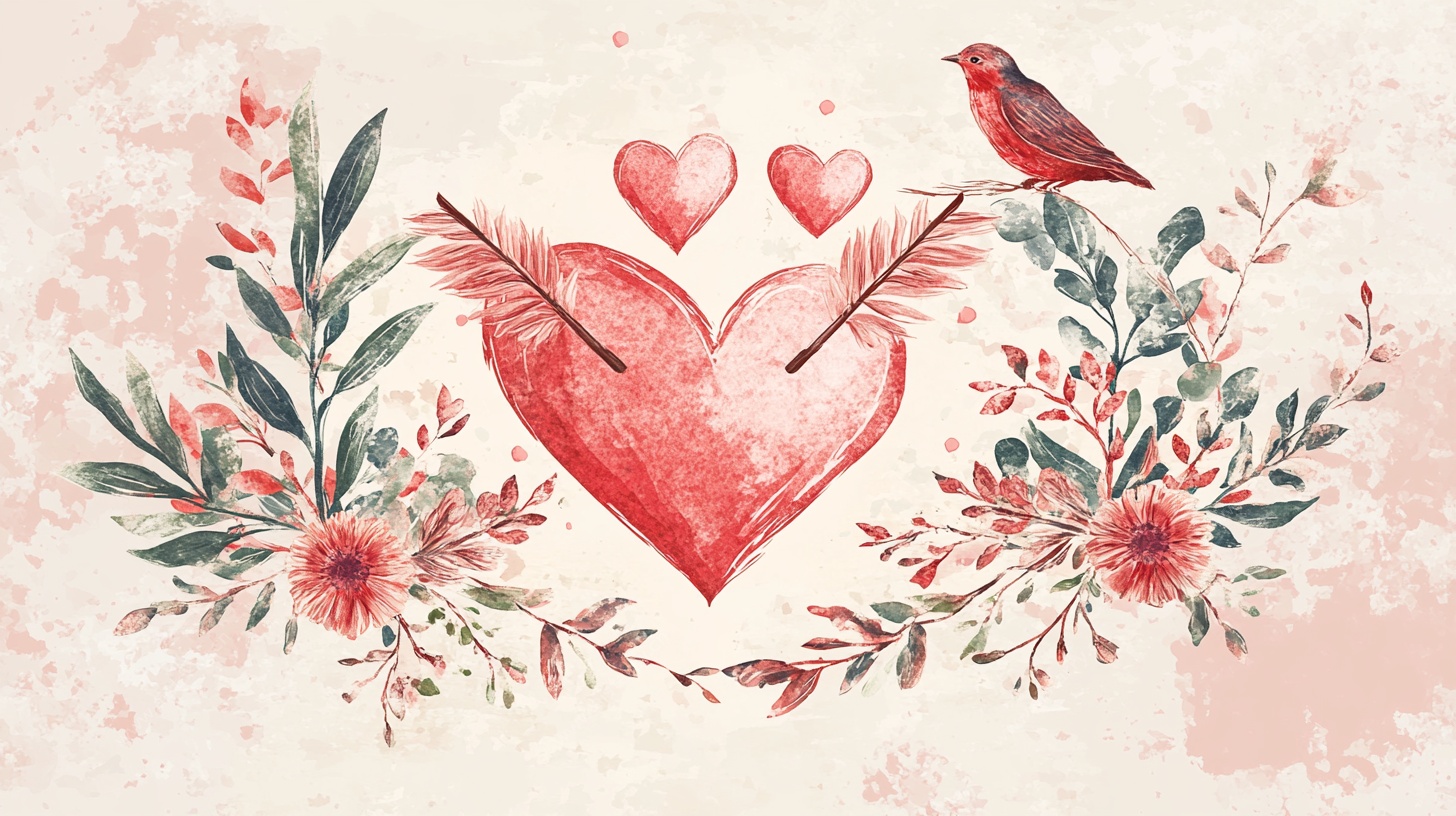 浪漫爱心花卉与小鸟插画