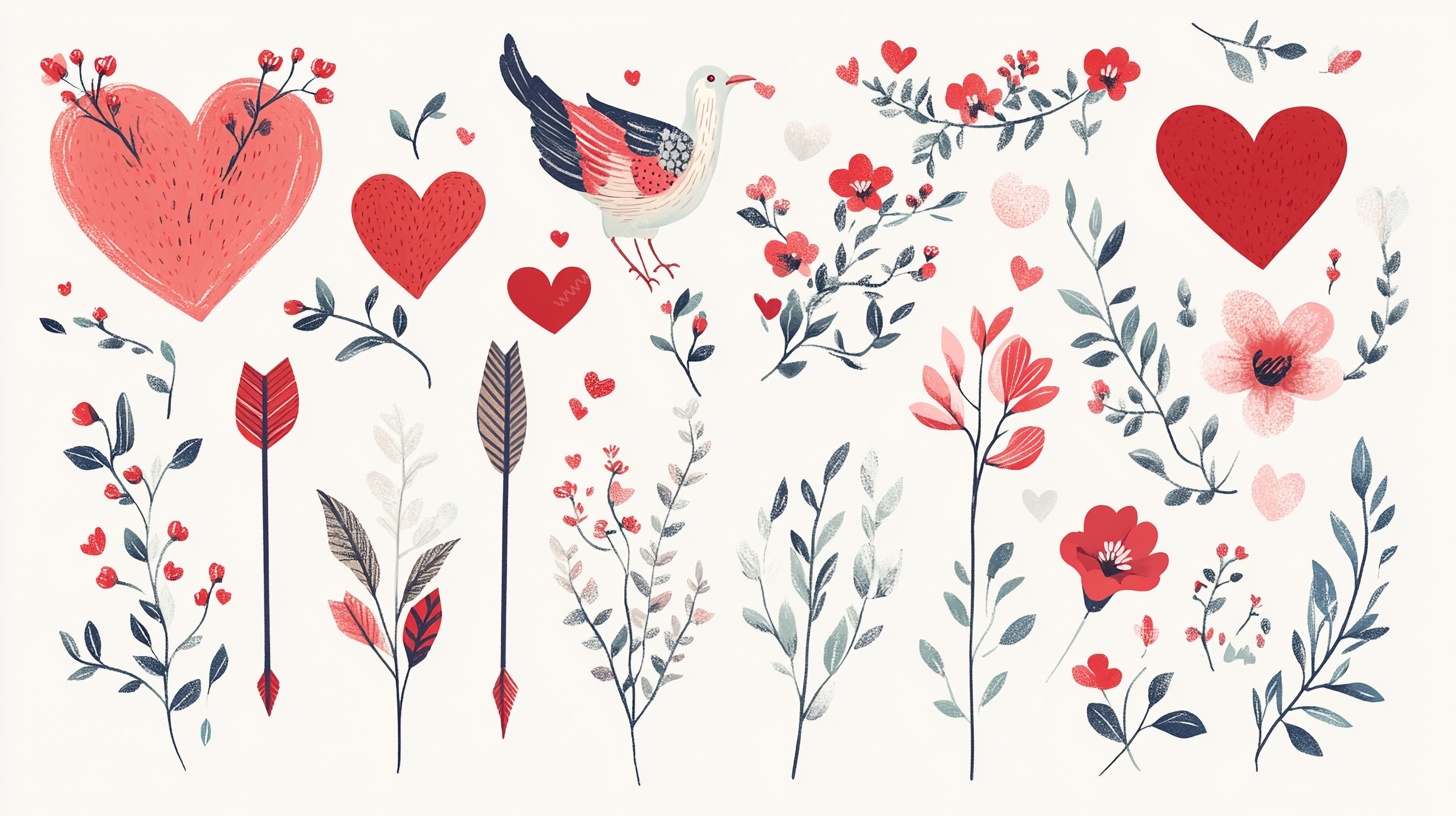 浪漫花卉爱心插画元素