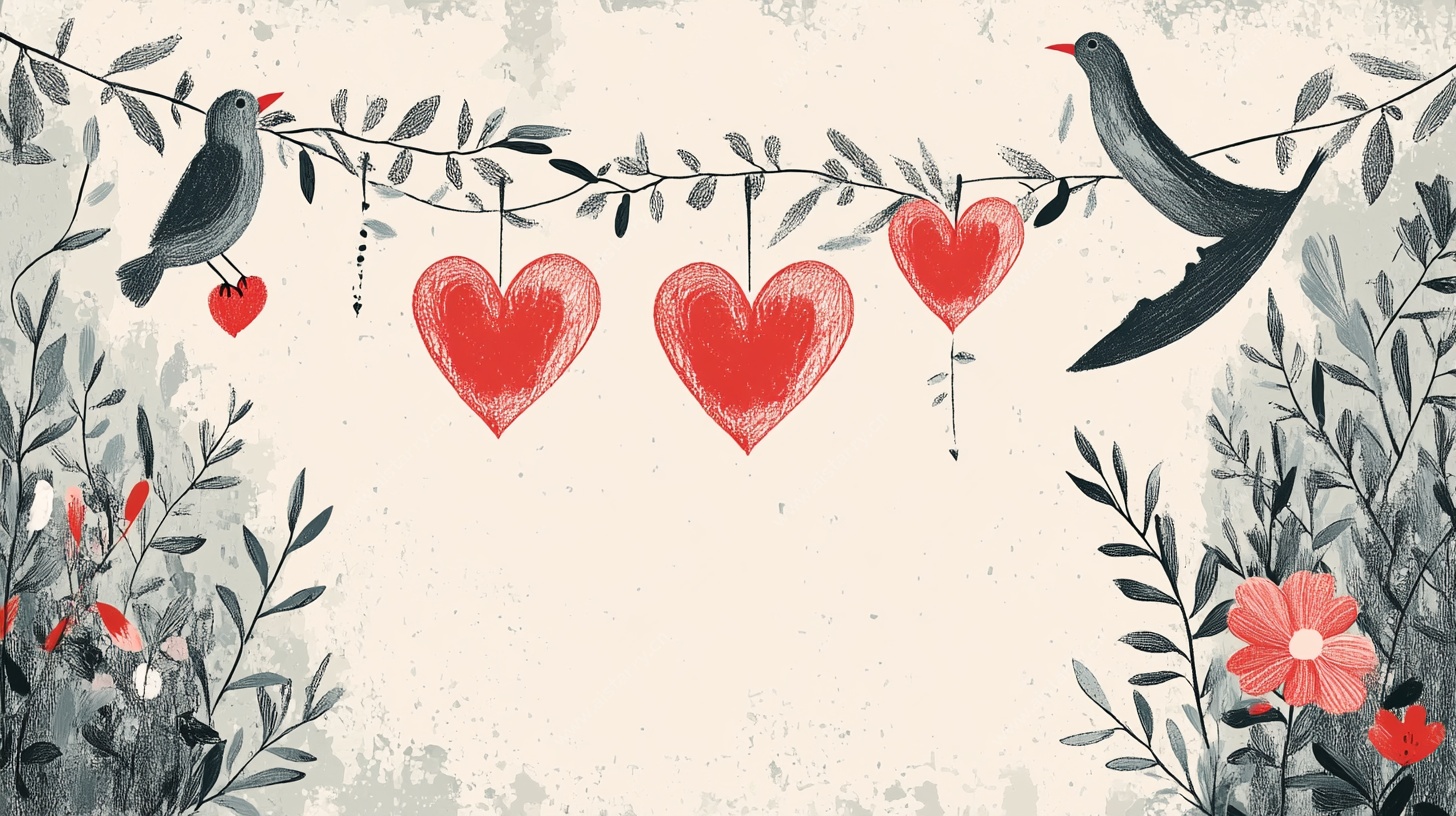 爱心挂饰与双鸟浪漫插画