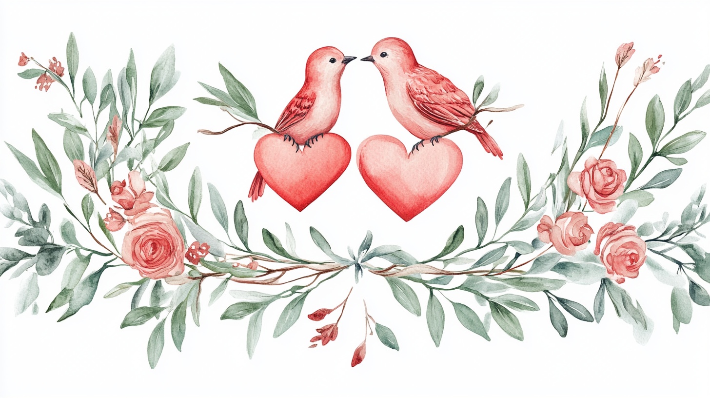双鸟衔心花卉浪漫插画