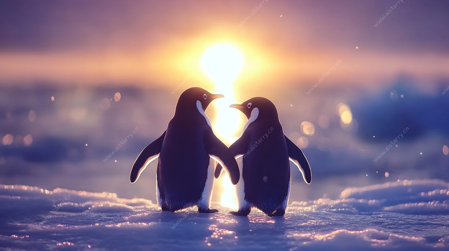 夕阳下的企鹅情侣