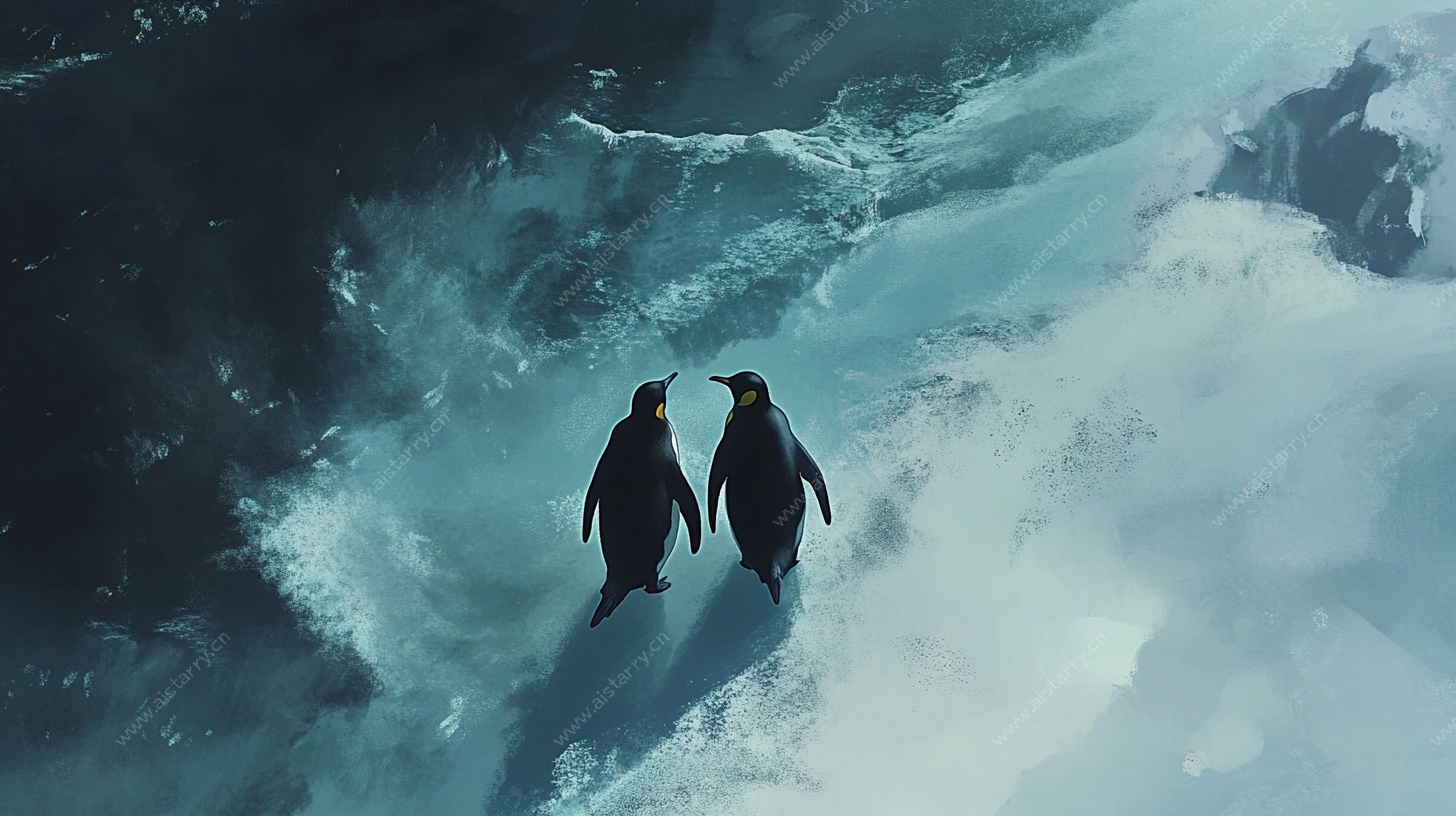 雪地漫步的双企鹅