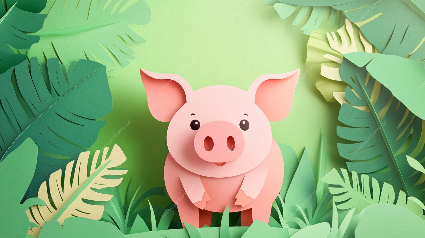 纸艺小猪置身绿植间