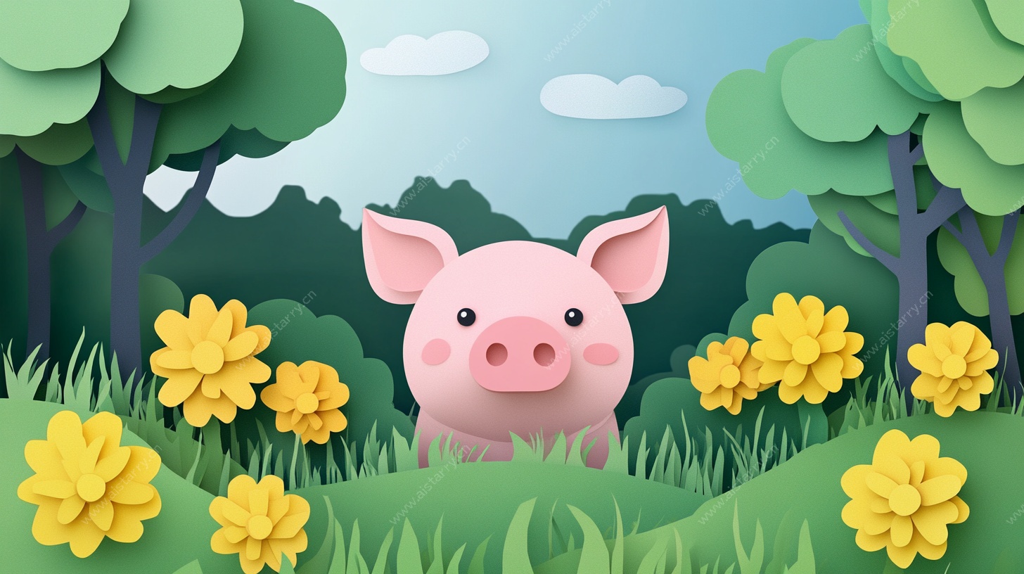 花丛中的粉色小猪