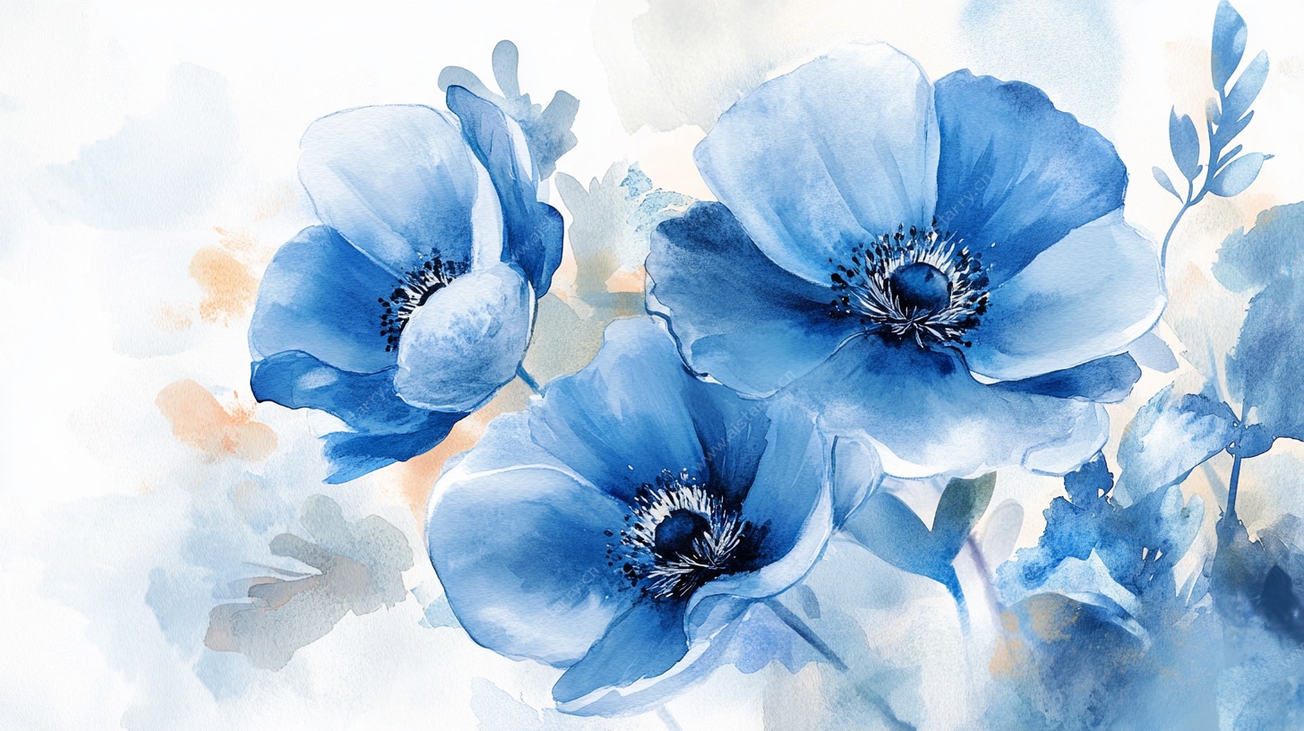 蓝色水彩风美丽花朵图