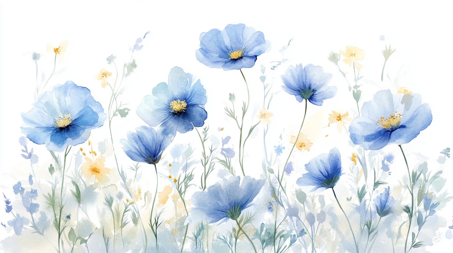 蓝色梦幻花卉水彩插画