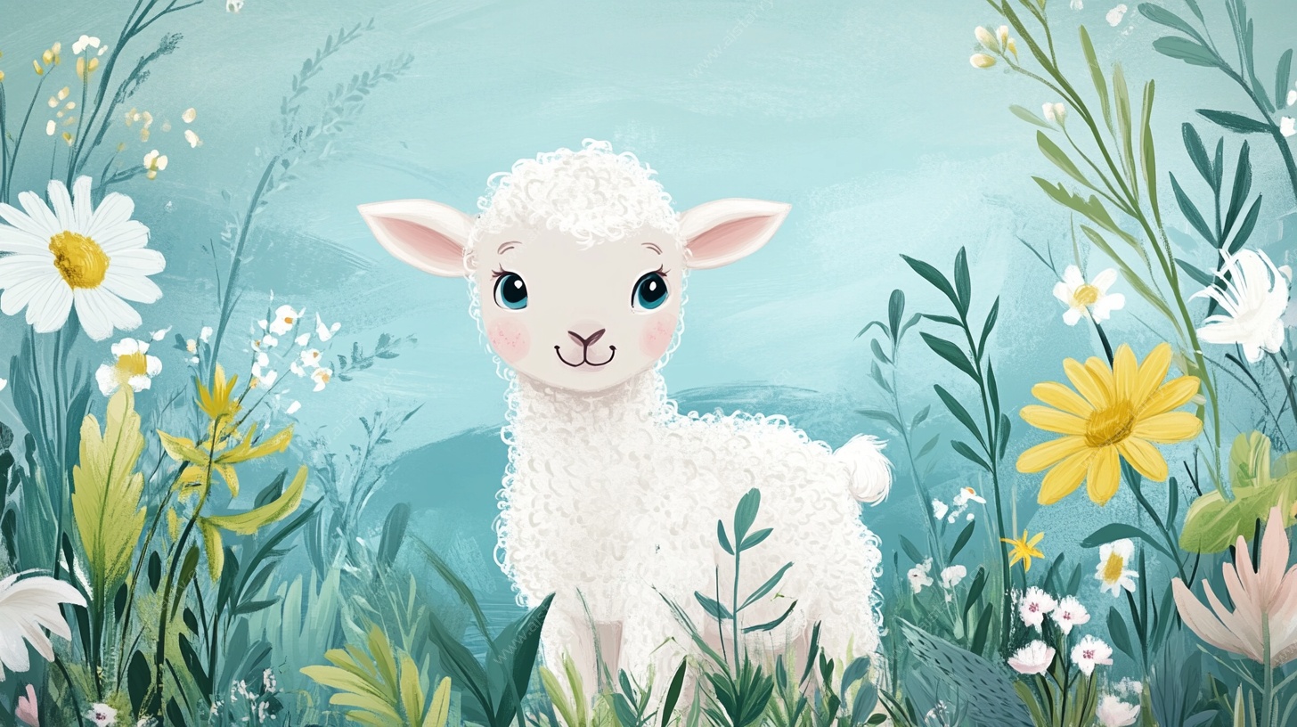 可爱小羊置身花草间
