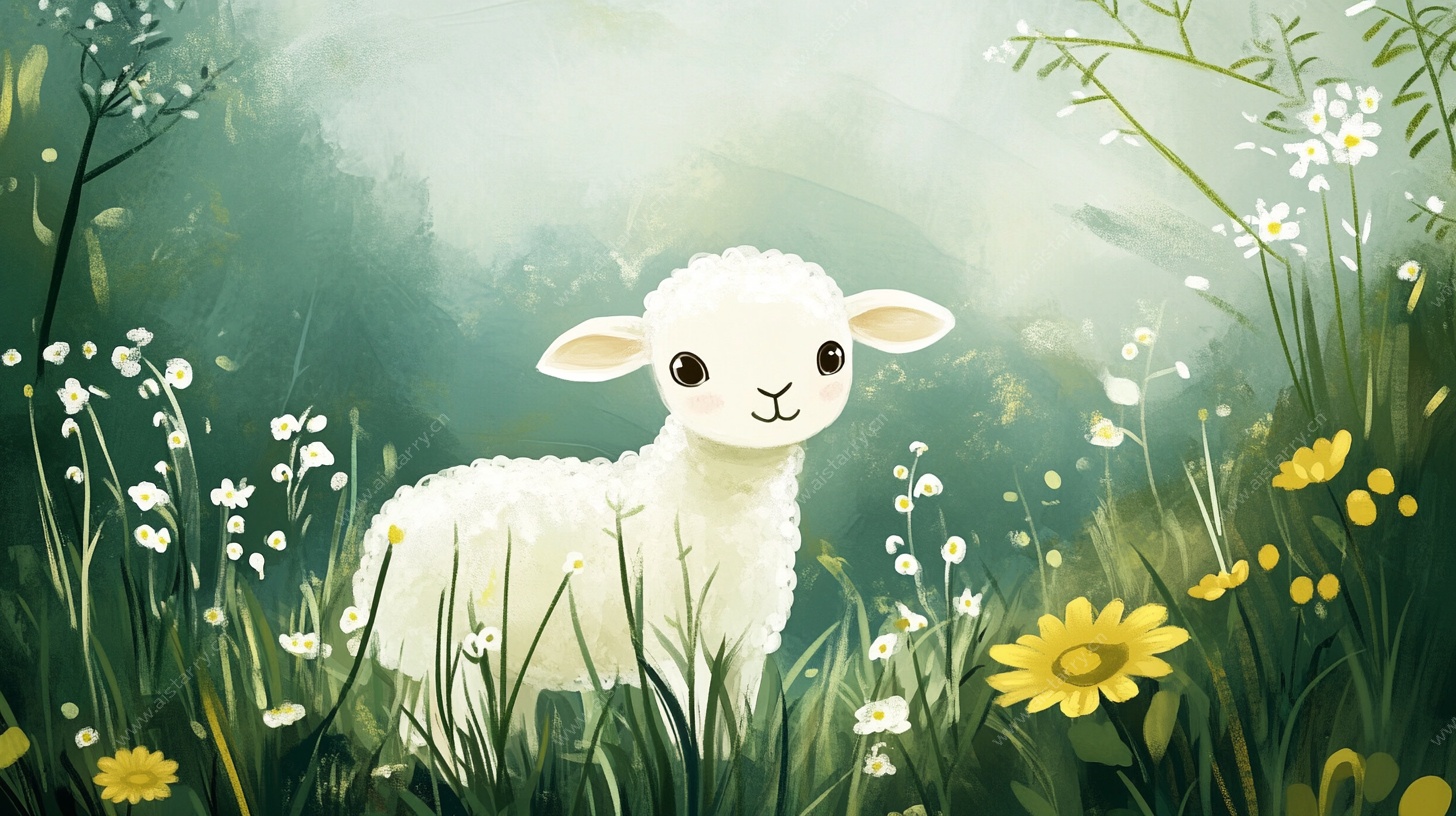 小羊在花丛草地中