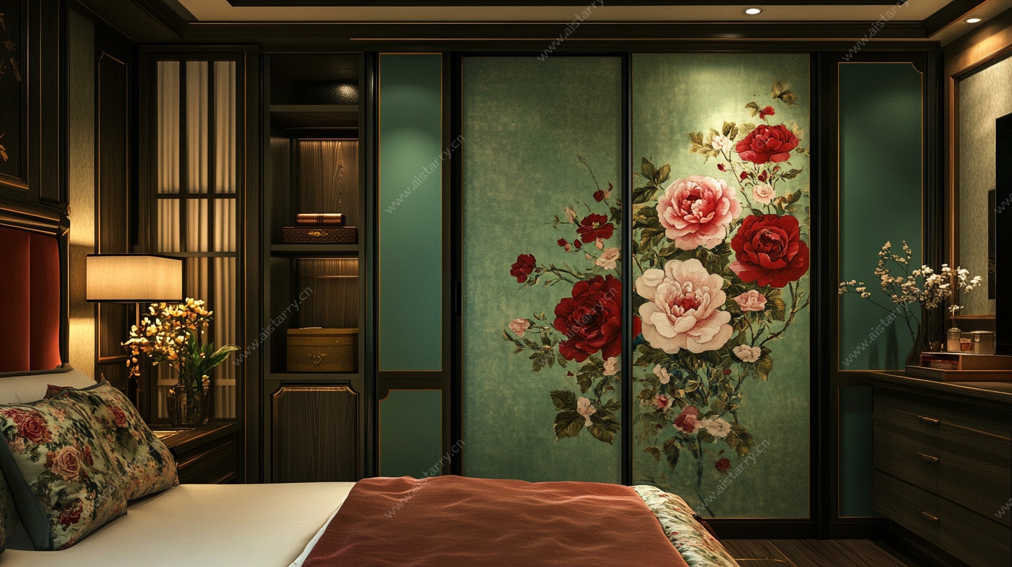 中式复古风卧室花卉背景墙
