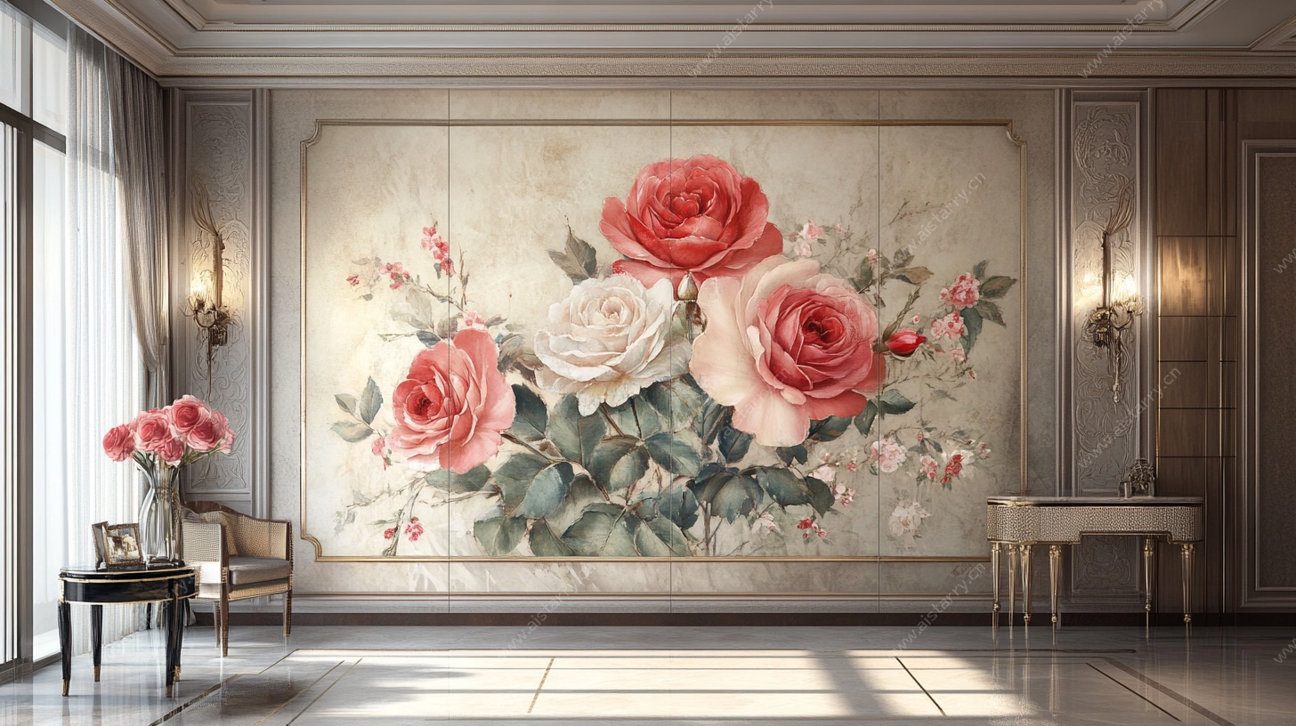 玫瑰花卉壁画装饰的优雅空间