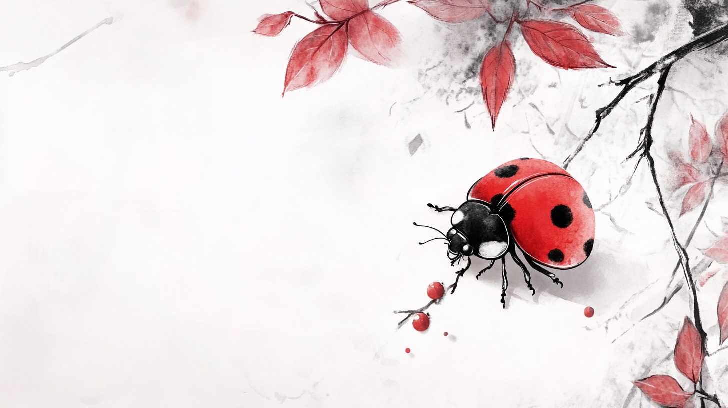 水墨风红叶瓢虫图