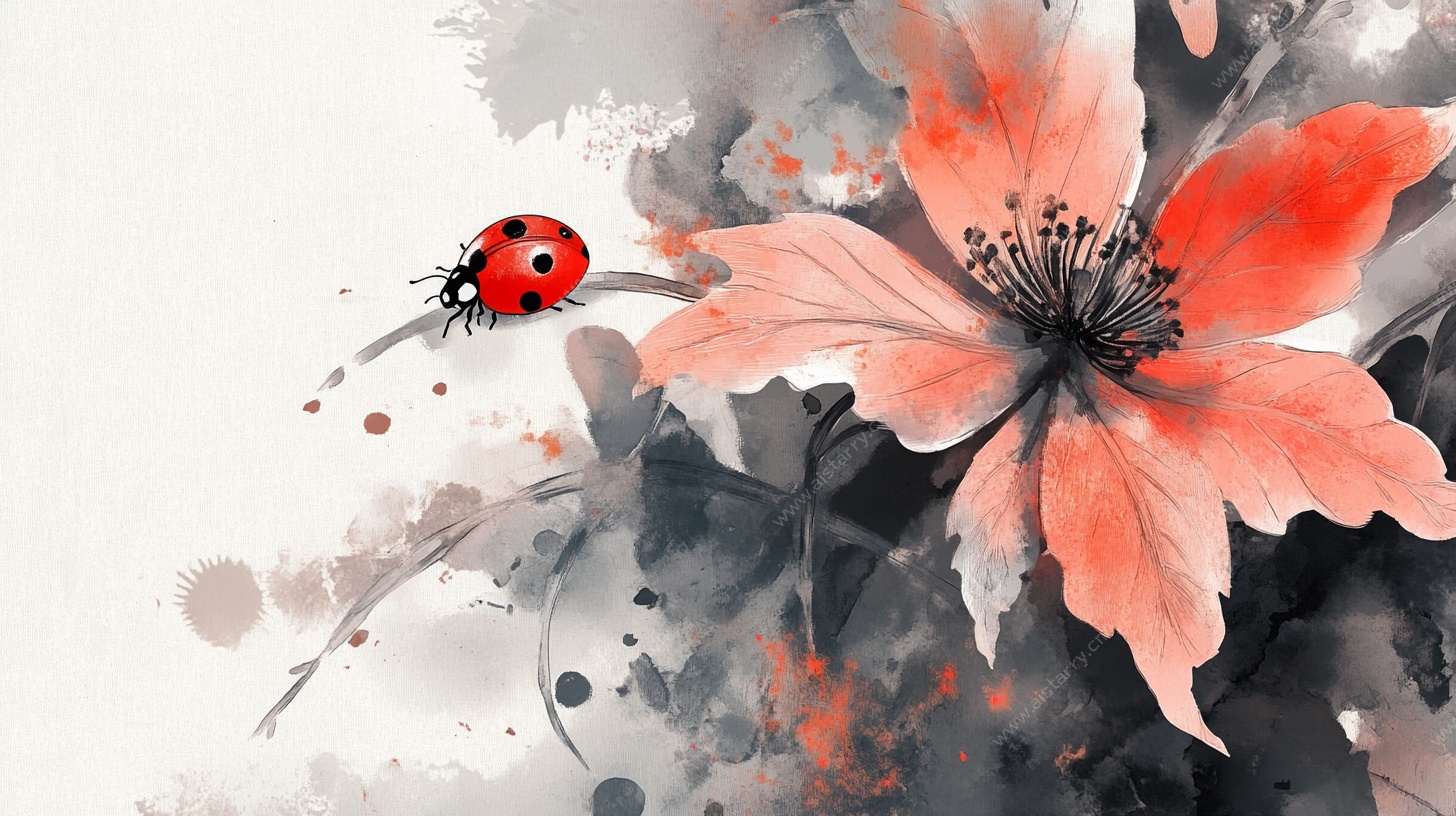 水墨花卉上的瓢虫