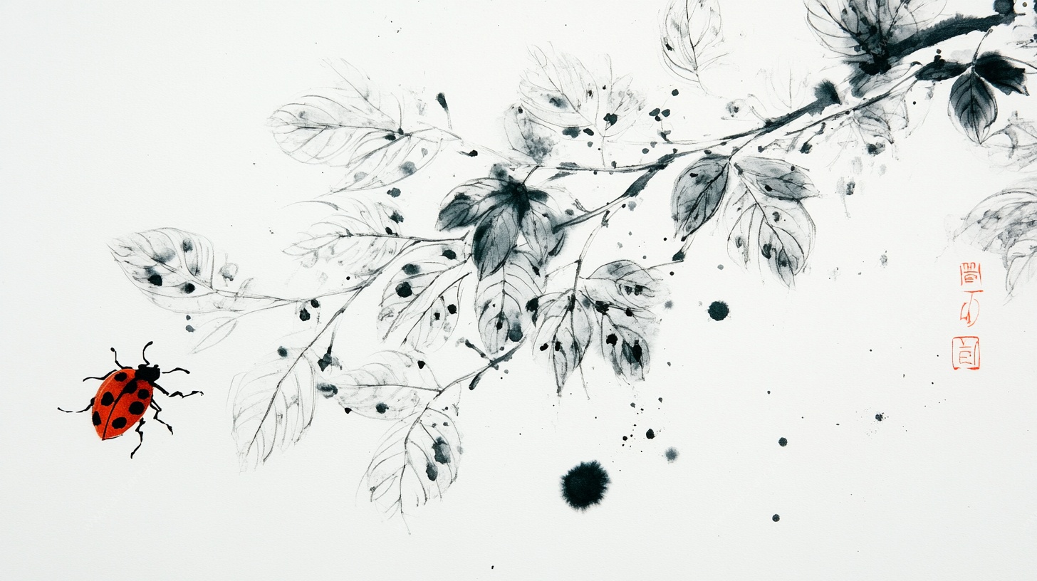 水墨枝叶上的红瓢虫