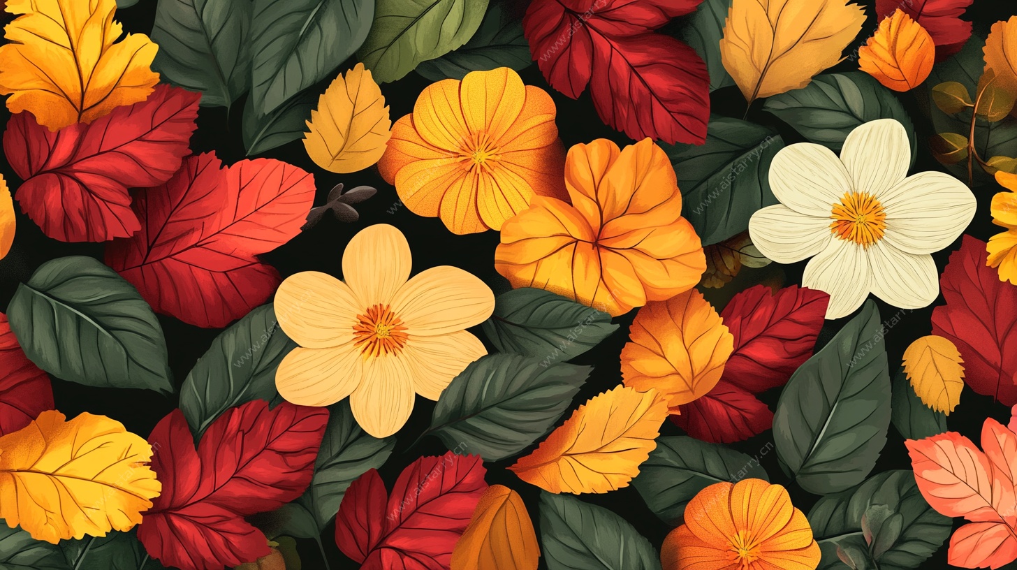 秋日花卉叶插画背景图