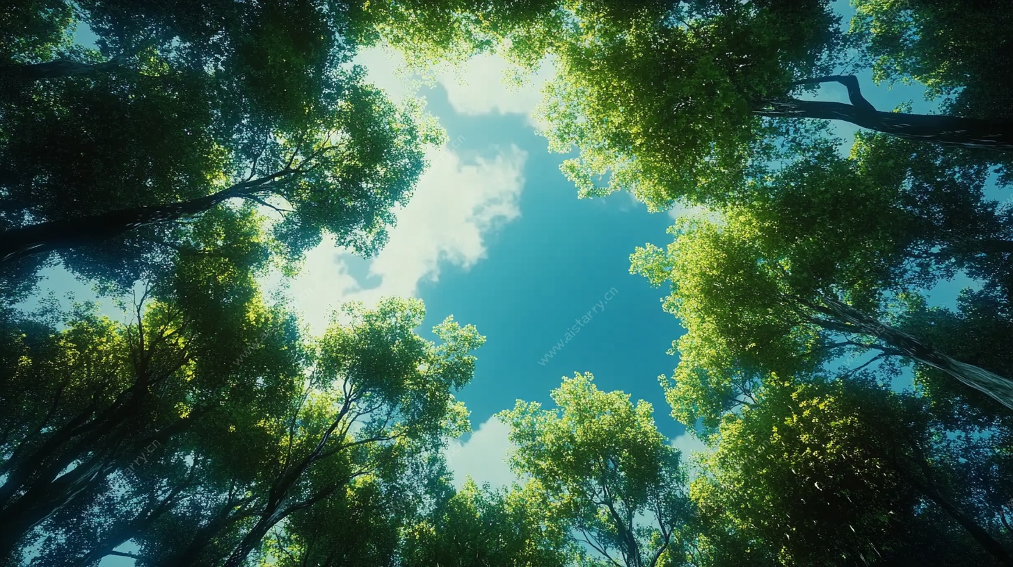 仰望森林树冠下的蓝天