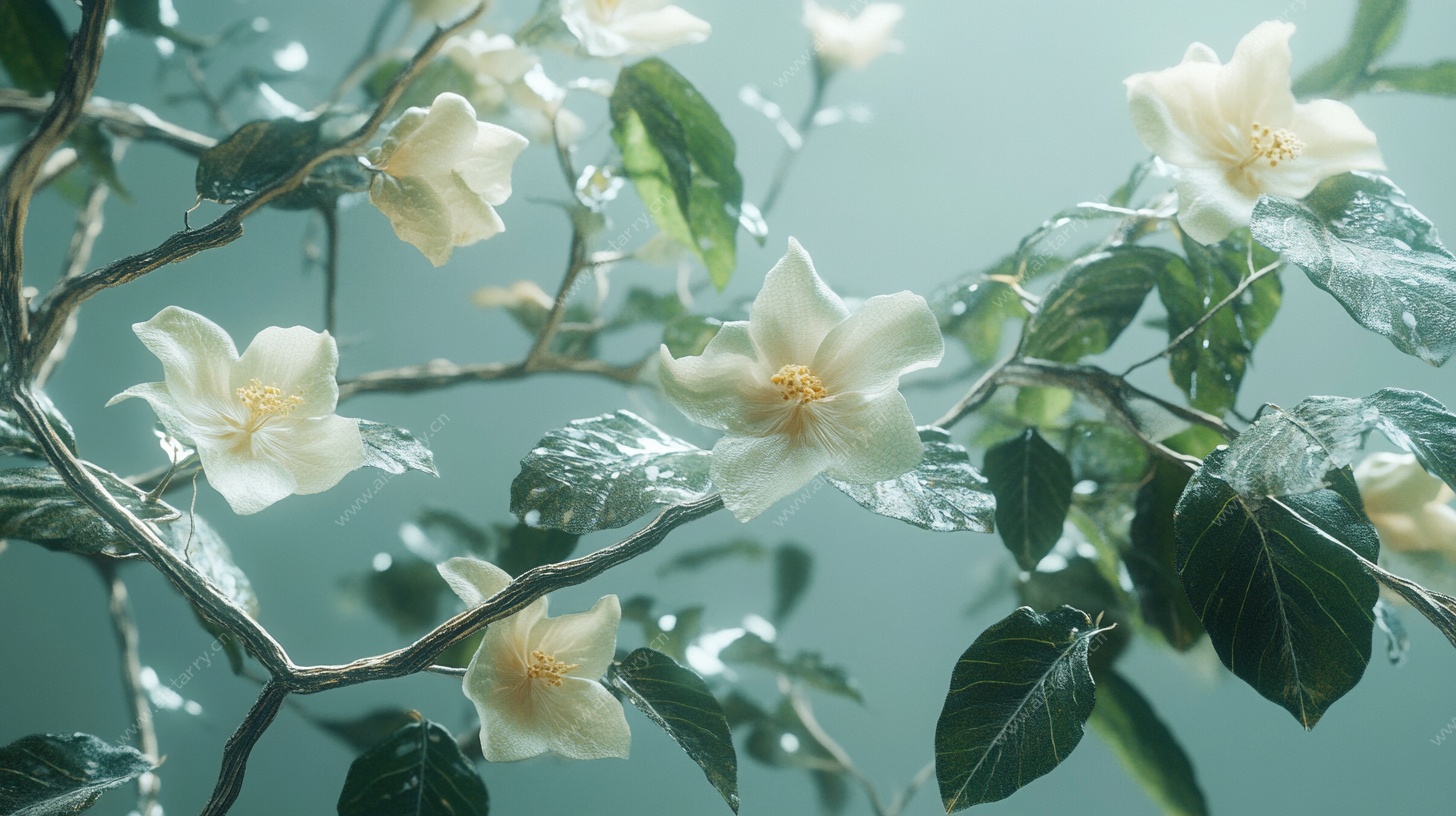 雨中绽放的洁白山茶花